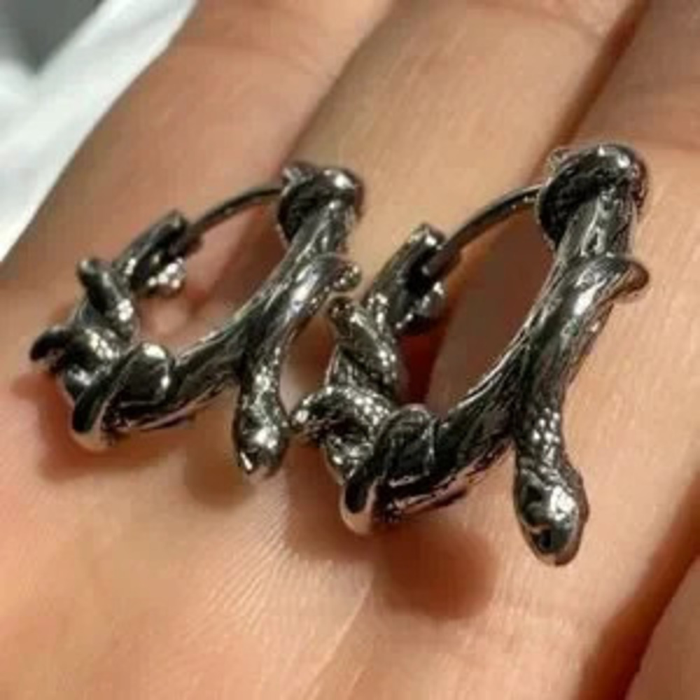 Vintage Halloween Gothic Silver Snake Hoop Earrings